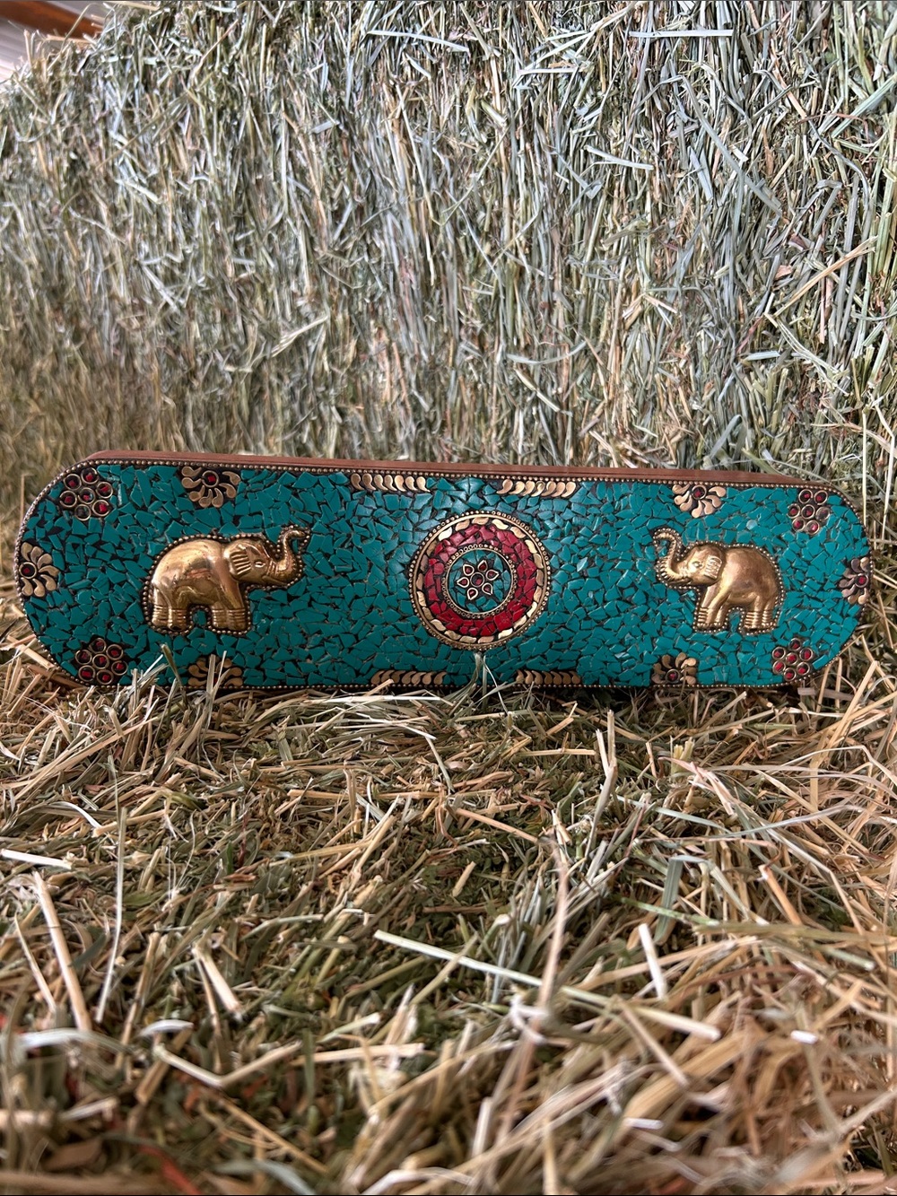 Vintage Turquoise Coral and Brass Elephant Mosaic Wood Box